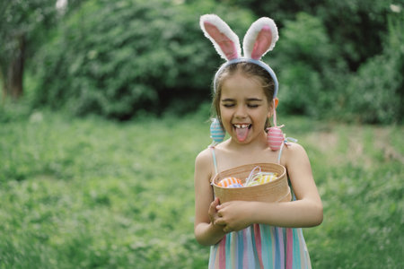 Girl with eggs basket and bunny ears on Easter egg hunt in garden.の写真素材
