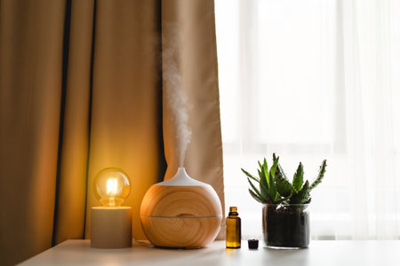 Aromatherapy concept. Aroma oil diffuser on the table against the window.
