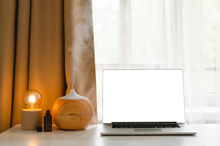 Aroma oil diffuser in work place, laptop and home decorの写真素材