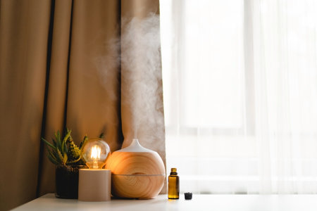 Aromatherapy concept. Aroma oil diffuser on the table against the window.の写真素材