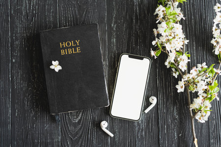 Study Bible worship online concept. Church online Sunday new normal concept
