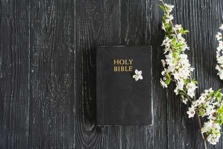 The Bible with spring flowers on a wooden background. Concept for faithの写真素材