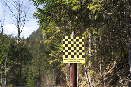 Danger - Avalanche area warning sign in Tatra mountains.の写真素材