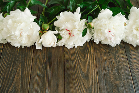 Bouquet of beautiful white peonies on wood backgroundの写真素材