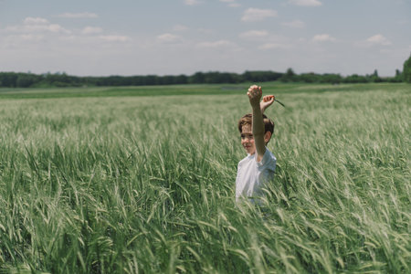 Portrait of a boy in a white T-shirt and playing in a green barley field.の写真素材