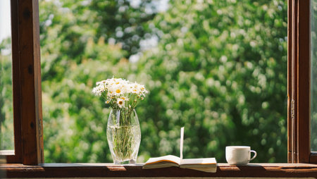 Book, cup coffee and white chamomile on a wooden window.の写真素材