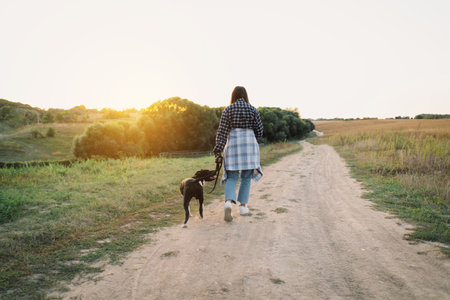 Human and a dog. Teengirl and her friend staffer dog on the field backgroundの写真素材