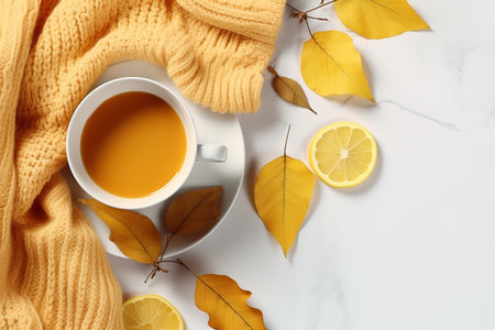 Autumn mood concept. Top view photo of cup of tea with lemon sliceの写真素材