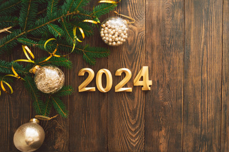 Happy New Years 2024. Christmas tree and Christmas decorationsの写真素材