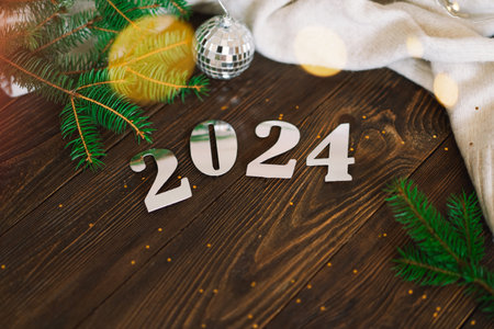 Happy New Years 2024. Christmas tree and Christmas decorationsの写真素材
