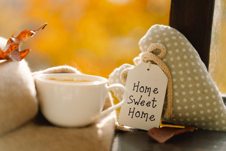 Sweet Home. Hot coffee and autumn decor. Autumn home decor.の写真素材