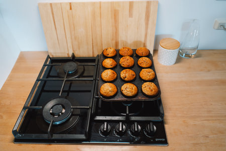 Banana muffins at home. Just cooked cupcakesの写真素材