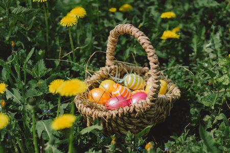 A basket of colorful Easter eggs. Hunting for Easter eggsの写真素材