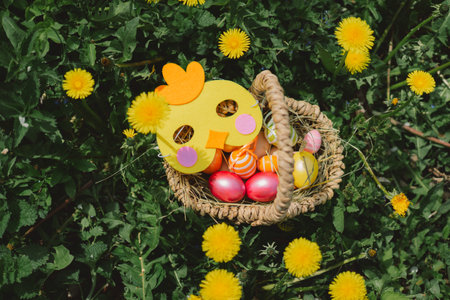 A basket of colorful Easter eggs. Hunting for Easter eggsの写真素材