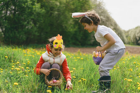 Two children hunt for Easter eggs in a spring garden. Easter traditionの写真素材
