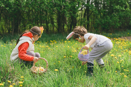 Two children hunt for Easter eggs in a spring garden. Easter traditionの写真素材