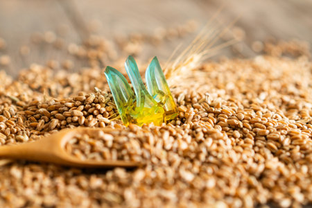 Wheat grains with yellow and blue Ukrainian flag on wooden backgroundの写真素材