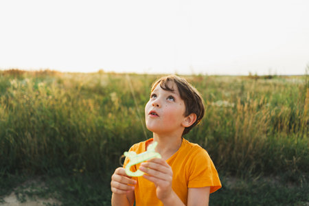 A boy in an orange T-shirt flies a kite in nature. Happy childの写真素材