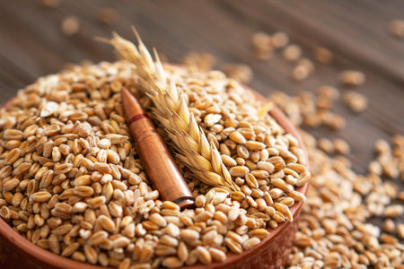 Scattered Wheat Grains and Bullet Shells on a Wooden Surfaceの写真素材