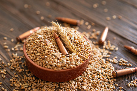Scattered Wheat Grains and Bullet Shells on a Wooden Surface