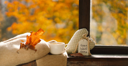 Sweet Home. Hot coffee and autumn decor. Autumn home decor.の写真素材