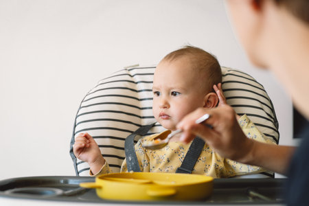 Baby Girl Being Fed In A High Chair By An Adultの写真素材