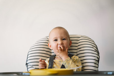 Baby Girl Being Fed In A High Chair By An Adultの写真素材