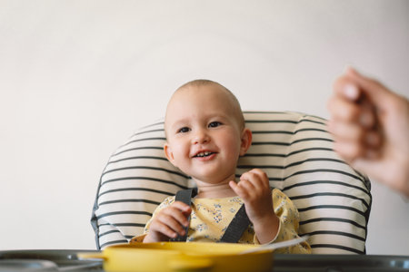 Baby Girl Being Fed In A High Chair By An Adultの写真素材