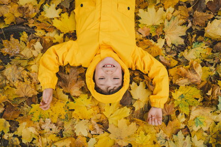Joyful Child in Yellow Raincoat Laying in Autumn Leaves at a Parkの写真素材