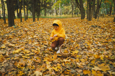 A cheerful child in a yellow raincoat walks through the forestの写真素材