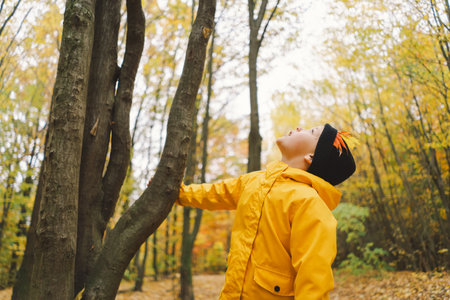 A cheerful child in a yellow raincoat walks through the forestの写真素材
