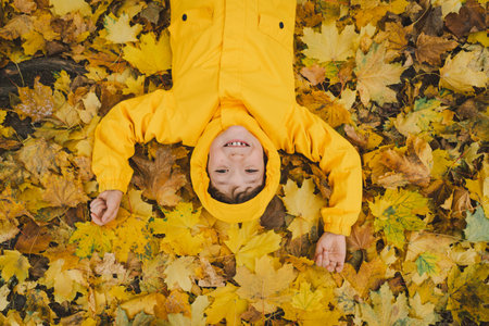 Joyful Child in Yellow Raincoat Laying in Autumn Leaves at a Parkの写真素材