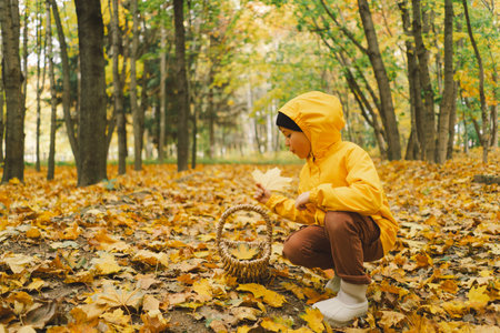 A cheerful child in a yellow raincoat walks through the forestの写真素材
