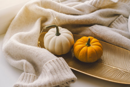 Two small pumpkins resting on a cozy beige sweater create a warm autumn atmosphere