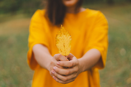 A woman enjoys a autumn day while playfully holding a yellow leafの写真素材