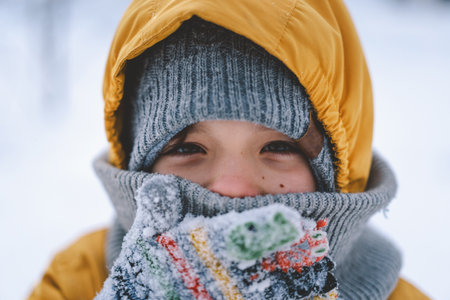 Portrait of a happy boy in winterの写真素材