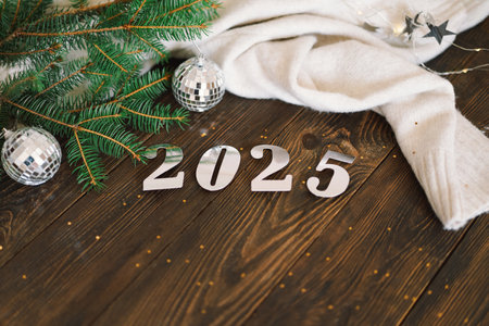 Happy New Years 2025. Christmas tree and Christmas decorationsの写真素材