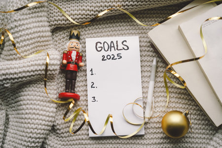 Setting New Years goals with cozy vibes and festive decorations in preparation for 2025の写真素材