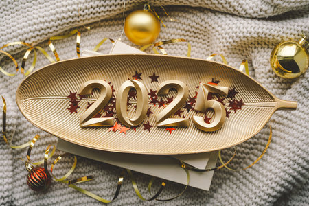 New Year celebration with golden 2025 numerals adorned with festive decorations and sparkling stars