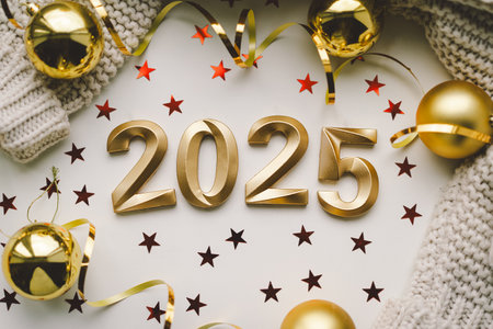 New Year celebration with golden 2025 numerals adorned with festive decorations and sparkling stars
