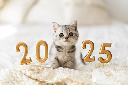 A cute tabby kitten of the sits on a knitted blanket. Good New Year spirit. Happy New Yearの写真素材