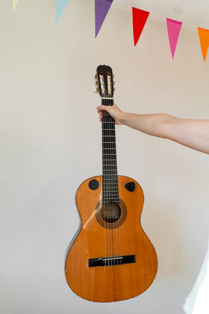 A classic wooden guitar.