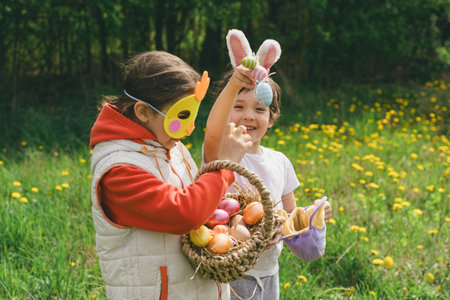 Two children hunt for Easter eggs in a spring garden. Easter traditionの写真素材