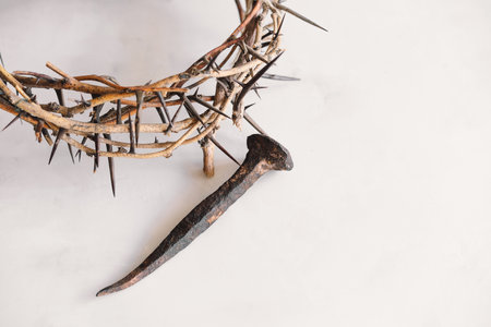 Jesus Crown Thorns and nails on a white background. Easter Dayの写真素材