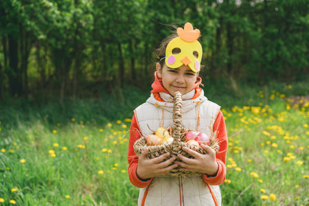 Girl with eggs basket and with a chicken mask on Easter egg huntの写真素材