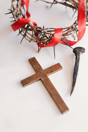 Jesus Crown Thorns and nails and cross on a white background. Easter Dayの写真素材