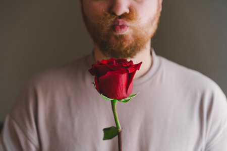 Man holding a red rose expressing love.の写真素材
