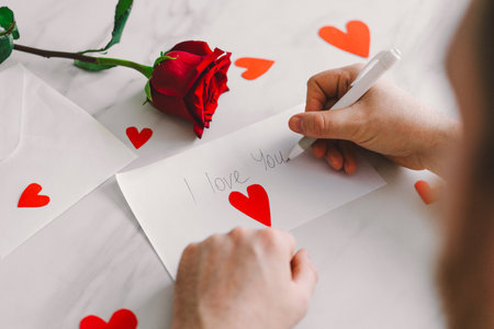 Happy Valentines Day and romantic gesture. A man writes a valentine.