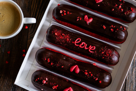 Delicious chocolate eclairs for Valentines Day.