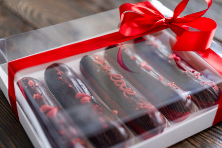 Delicious chocolate eclairs for Valentines Day.